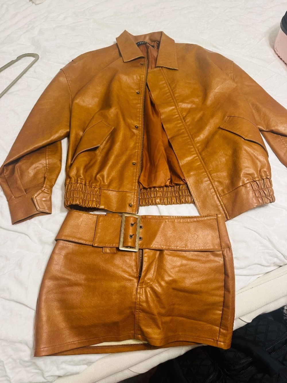 Lioness Kenny Bomber Tan brown jacket and skirt set vegan leather Revolve XS - Picture 12 of 12